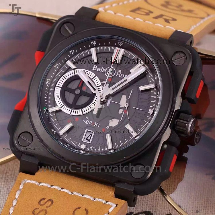 Bell and Ross Black Case Brown Leather Band Replica Watch
